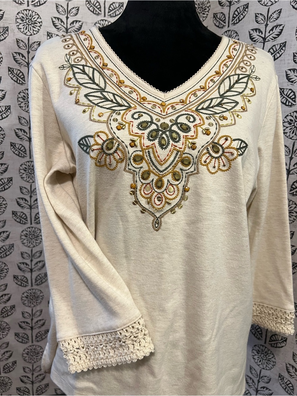 Alfred Dunner Cream Embroidered V-Neck Tunic with Green and Gold Accents